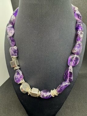 Statement Purple Amethyst Nugget Necklace with Silver Accents